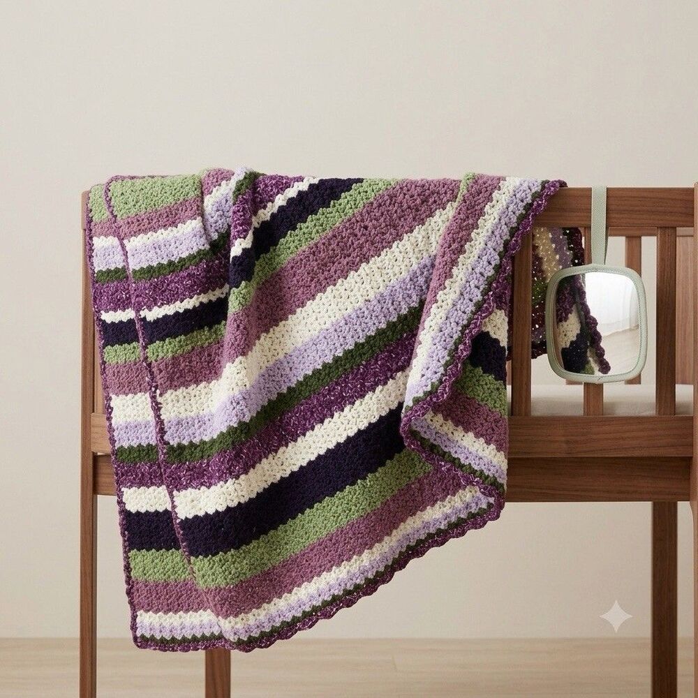 Handmade Crocheted Baby Afghan Throw Blanket Purple Green White Stripe Zig Zag